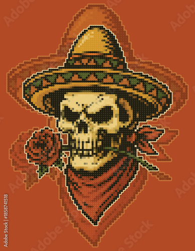 Sinister skull with sombrero and rose halftone sticker design