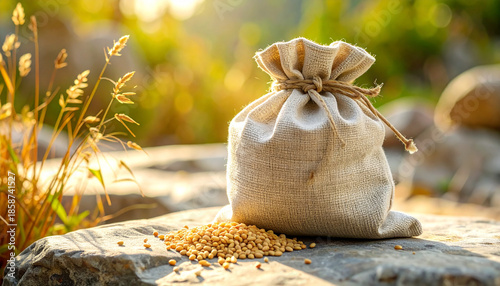 Small Burlap Sack with Grains on Stone
