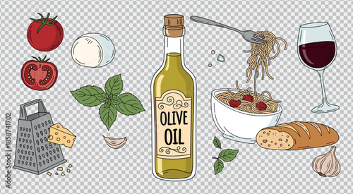 Italian food ingredients set with olive oil pasta tomatoes cheese and wine for culinary design