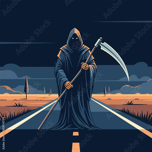 The Grim Reaper stands on a lonely road at twilight's end