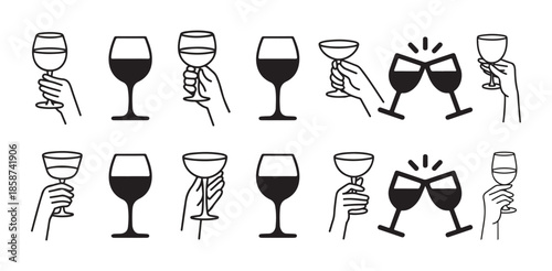 Wine Glass Toast and Cheers Hand Gesture Icon Set. People Clinking Wine Glasses Celebration vector, cheers Gesture Line Icon Collection, vector illustration eps 10