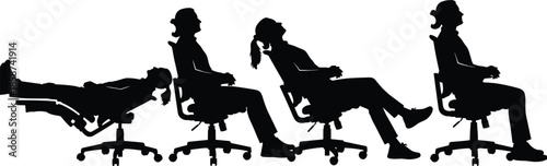 Office chair sitting positions icon set showing ergonomic postures, working poses, and seated body positions for workplace design