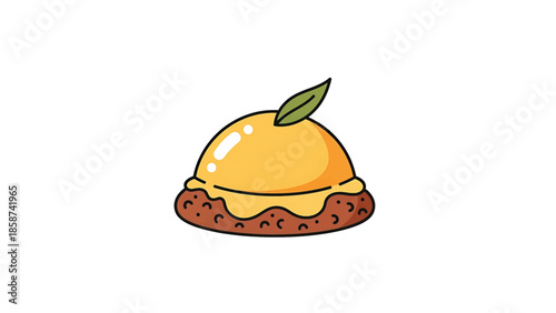 A cute, cartoon-style illustration of a dessert featuring a bright yellow dome, brown base, and a green leaf