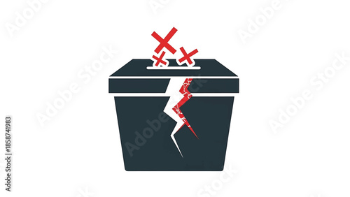 A dark ballot box with a red crack and red X's falling in, symbolizing damaged democracy or failed elections