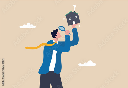 House inspection, home, property and real estate price evaluation, mortgage and loan analysis, search for housing investment concept, curios businessman using magnifying glass to see house details.