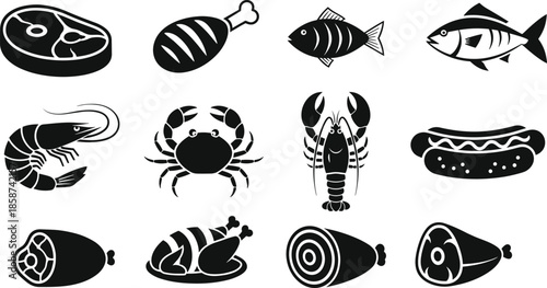 Seafood and meat food icons set featuring fish, shrimp, crab, lobster, and meat cuts in bold silhouette style
