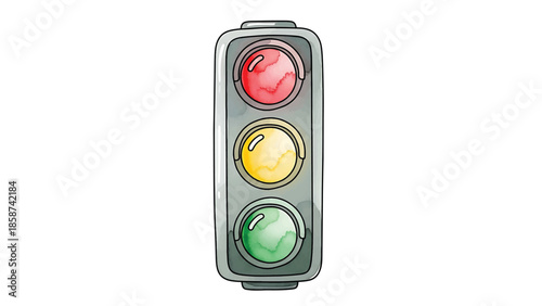 A watercolor-style cartoon traffic light showing red, yellow, and green lights in a vertical arrangement