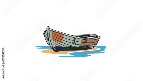 A weathered wooden rowboat rests partially in calm blue water on a sandy shore, a simple graphic illustration