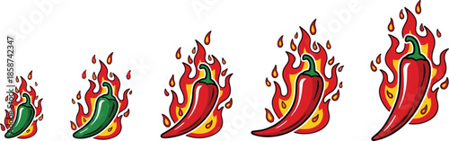 Spicy chili pepper heat level icons showing hot to extra hot spice intensity for food, cooking, and spice rating designs