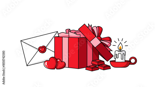 Festive Valentine's Day gift box with romantic symbols like hearts, envelope, candle, and chocolates