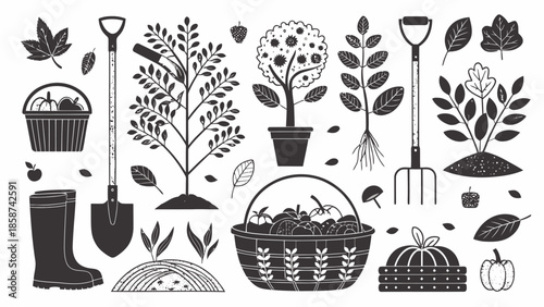 Gardening tools and plants in a beautiful black and white illustration