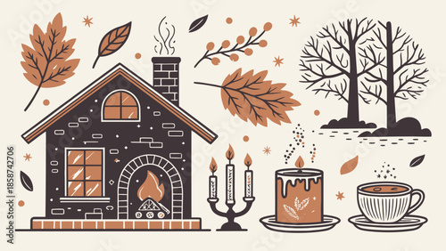 Cozy autumn scene with house, fireplace, and warm drinks