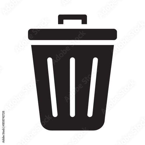 Simple black and white outline of a wastebasket with a hinged lid