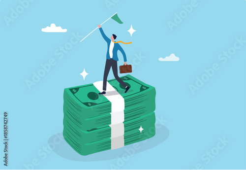 Reaching financial freedom, investment goal or income target, wealth planning achievement, prosperity or financial independence concept, happy businessman holding winning flag on money banknotes