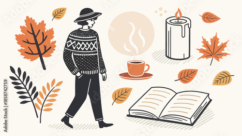Cozy autumn scene with person enjoying coffee and book outdoors