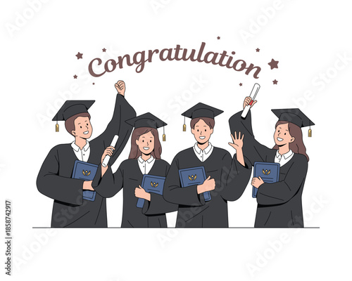 Four graduates celebrating together. Graduation announcements. Clean flat vector.