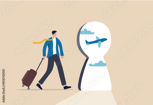 Air travel and tourism hope to return after COVID-19 Coronavirus outbreak concept, businessman traveller with luggage walk in the airport looking at keyhole with flying airplane outside.
