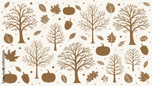 Autumn trees and pumpkins in brown silhouettes on beige