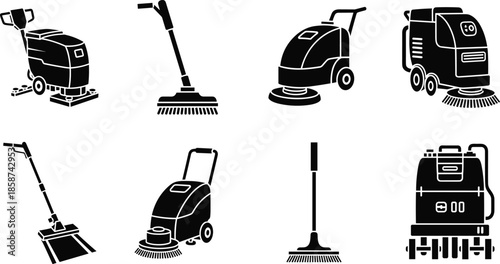  Industrial floor cleaning machines and equipment icon set featuring scrubbers, sweepers, polishers, and professional cleaning tools