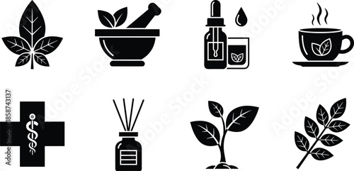 Herbal medicine and natural wellness icon set featuring leaves, tea, essential oils, remedies, and holistic health symbols