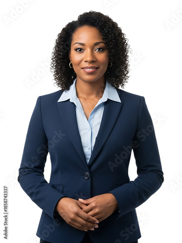 African american businesswoman in navy blue blazer and light blue shirt, standing, isolated on transparent background