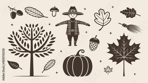 Whimsical autumn harvest scene with scarecrow and fall elements