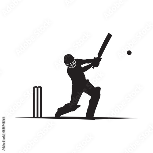 Silhouette of a cricket batsman in action preparing to hit the ball