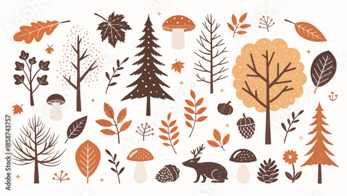 Autumn forest elements with trees, leaves, and wildlife illustrations