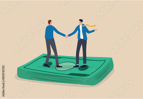 Salary negotiation, pay raise discussion or wages and benefit agreement, business deal or merger and acquisition concept, business people handshake on pile of money banknote after finish agreement.