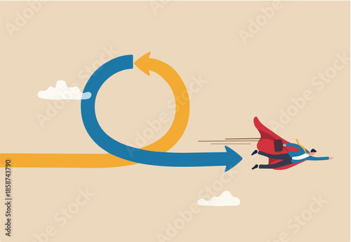 Agile methodology in project management or software development, sprint or dev cycle to release and improve product, scrum process or workflow concept, businessman superhero fly with agile cycle.