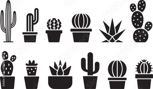 Set of black cactus and succulent icons isolated on transparent background flat vector illustration for nature and desert theme
