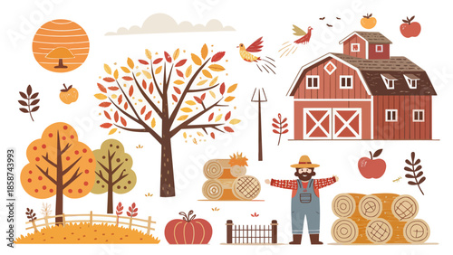 Autumn farm scene with rustic barn and happy farmer