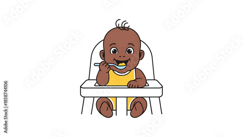 A cute cartoon baby with dark skin and curly hair in a high chair eats happily from a spoon