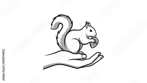 A grayscale illustration of a cute squirrel with an acorn sitting on a human hand, isolated on white