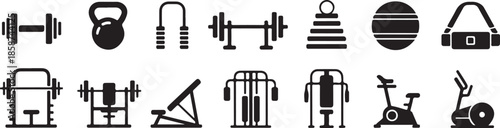 Collection of fitness and gym equipment icons, including dumbbells, barbells, kettlebells, and exercise machines