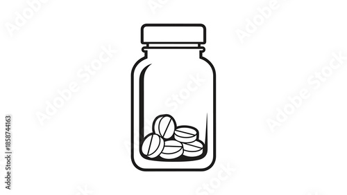 A simple black outline icon depicting a bottle with a cap, containing several round pills on a white background