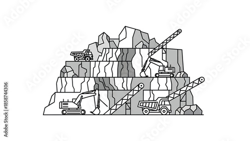 An illustration of a quarry or mining site with excavators, dump trucks, and conveyor belts on terraced rocks