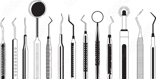 Professional dentist tools silhouette set collection of various sterile metal instruments for oral examination and healthcare procedures