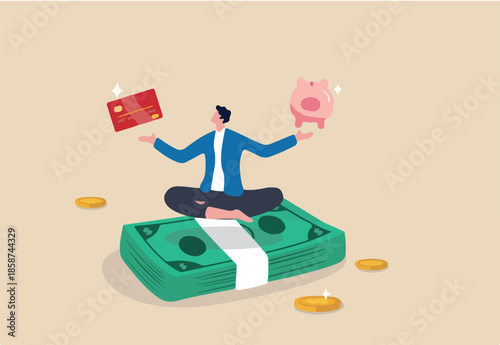 Financial discipline, saving money or investing strategy, routine or practice to invest or building wealth or pay off debt concept, ambitious man meditate on banknote with credit card and piggy bank.