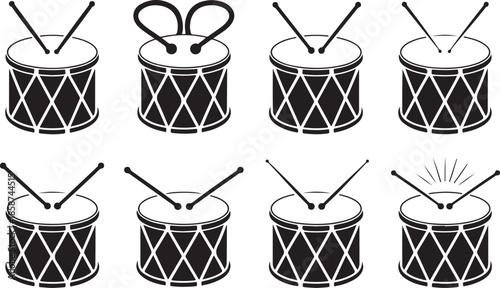 Musical snare drum set with drumsticks for orchestra percussion instrument icons or festive parade marching band music elements