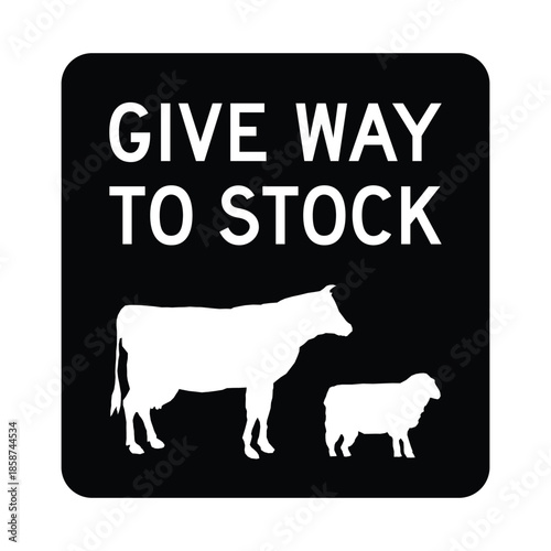 Minimalist Black Give Way to Stock Silhouette Icon with White Cow and Sheep Graphics for Rural Roadway and Livestock Safety - Professional Vector Stock Image