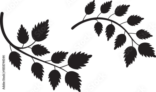 Two elegant leafy branches silhouette for decorative border element or nature inspired botanical wedding invitation art frames