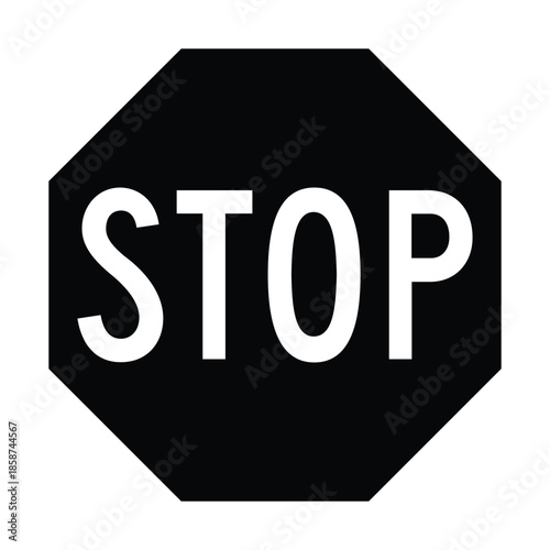 Minimalist Black STOP Sign Silhouette Icon with Bold White Lettering and Octagonal Border for Traffic Control and Safety Graphics - Professional Vector Stock Image
