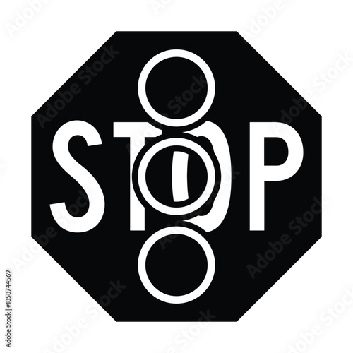 Minimalist Black STOP Silhouette Icon with Traffic Light Symbol for Signal Outage and Power Failure Intersection Safety - Professional Vector Stock Image