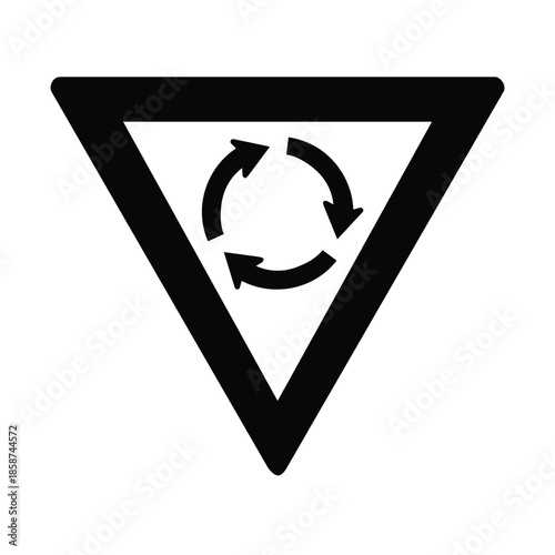 Minimalist Black Roundabout Give Way Silhouette Icon with Circular Arrows and Inverted Triangle Border for Traffic Flow Design - Professional Vector Stock Image