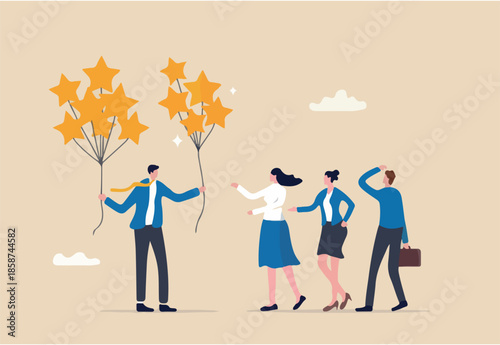 Evaluation, employee appraisal, rating or feedback, stars quality or excellent job, assessment or year end review, giving rating or performance review concept, businessman manager give 5 stars rating.