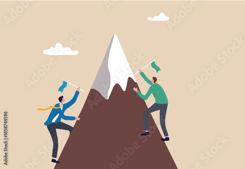 Business competition, businessman compete to win and reach success goal, challenge or career achievement concept, businessmen competitor climb up mountain to put winning flag at the mountain peak.