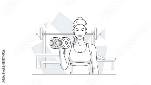 A smiling woman in athletic wear lifts a dumbbell in a gym with weights and a bench in the background
