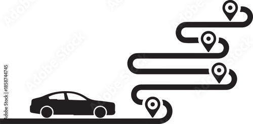 Car driving on winding road with location pins indicating route and destination on transparent grid