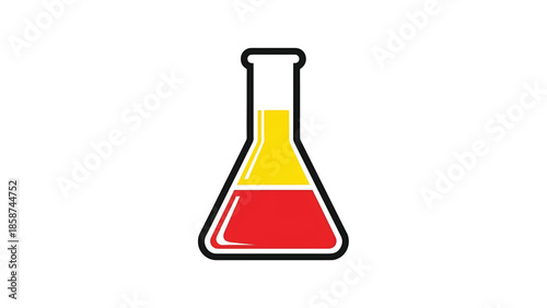 A stylized Erlenmeyer flask filled with two distinct layers of red and yellow liquid on a white background